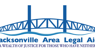 A drawing of a bridge with text underneath saying "Jacksonville Area Legal Aid" and "A Wealth of Justice For Those Who Have Neither"