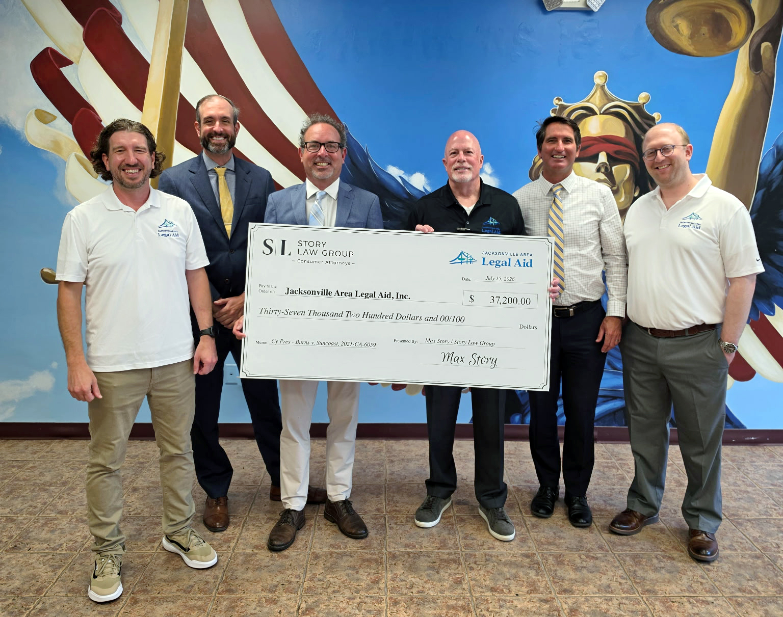 (L-R) Adam Thoresen, division chief, Consumer Advocacy & Litigation Unit; JALA board member David Johnston; attorney Max Story of Story Law Group; JALA President & CEO Jim Kowalski; JALA board member James Cummings; and JALA board member Andrew Underkofler. 